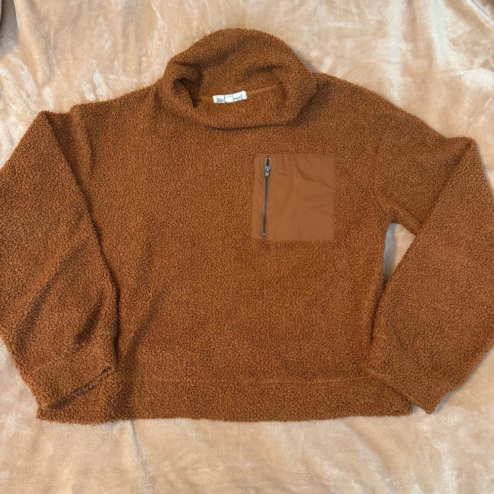 WallFlower Rust Brown Sherpa Fleece Cowl Neck Pullover Sweater Large